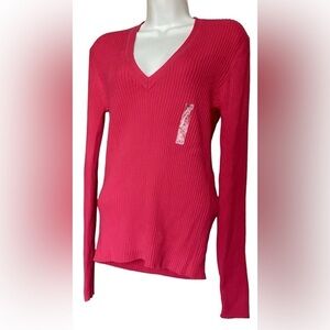 NWT! 100% Cotton Bright Pink V Neck Ribbed Long Sleeve Sweater L